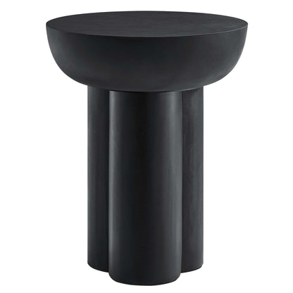 Matte black round side table with a shallow bowl-like top and three chunky cylindrical legs.