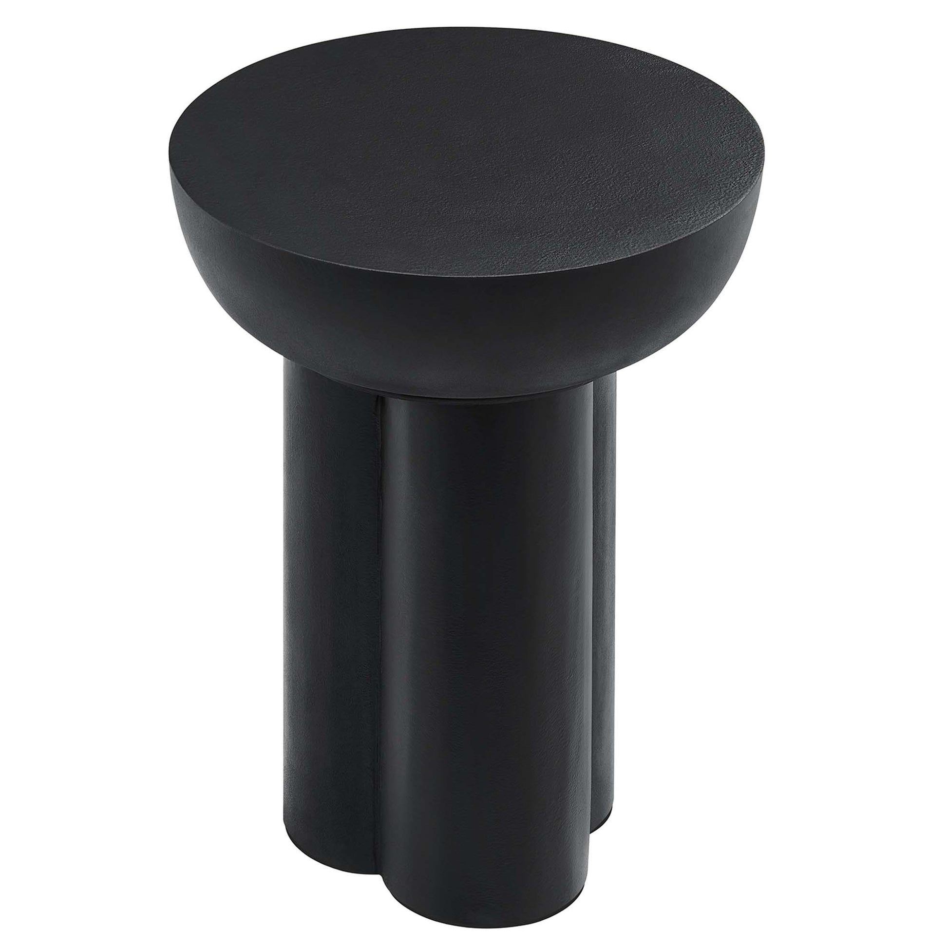 Matte black round-top side table with twin cylindrical legs, contemporary minimalist design.