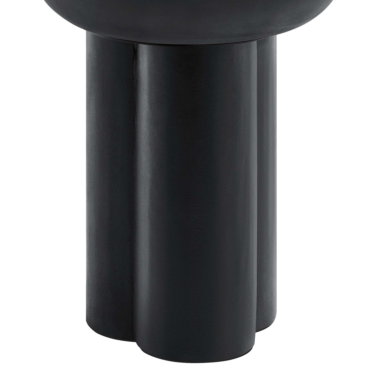 Matte black round concrete side table with two thick cylindrical legs forming a pedestal base.