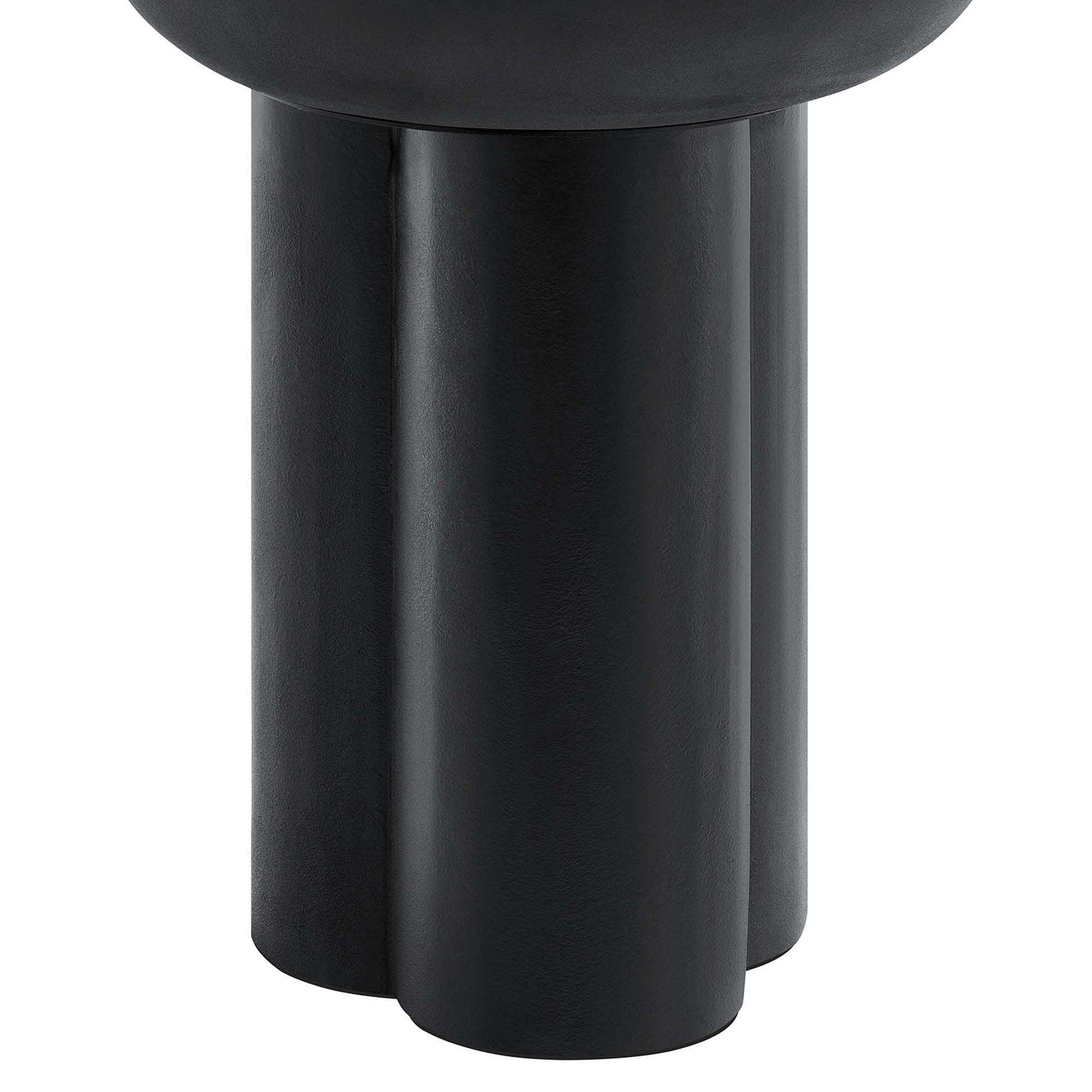 Matte black round concrete side table with two thick cylindrical legs forming a pedestal base.