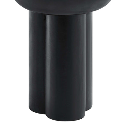 Matte black round concrete side table with two thick cylindrical legs forming a pedestal base.