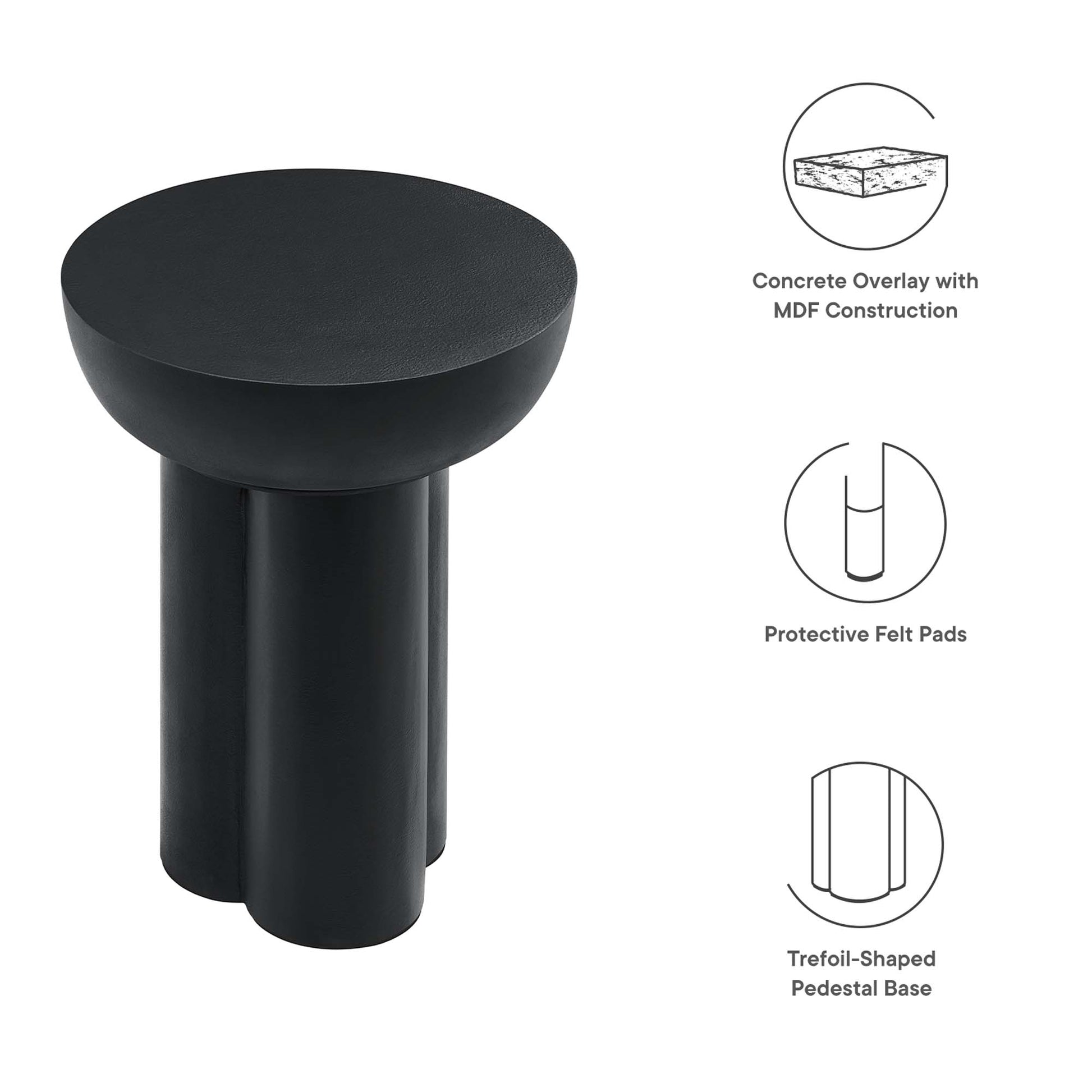 Black round-top side table with trefoil pedestal base and three cylindrical legs; concrete overlay over MDF with protective felt pads