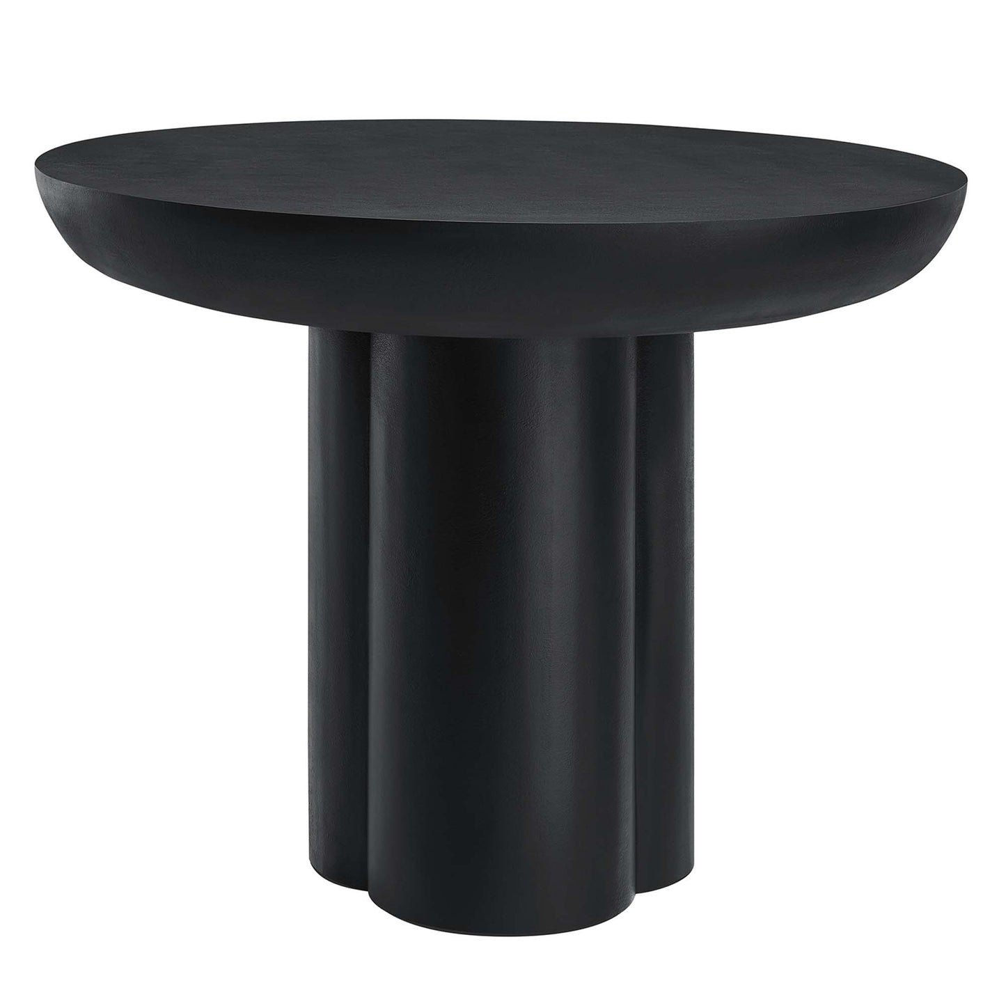 Black round dining table with a thick triple-column pedestal base; modern minimalist design and a concrete round top (40" diameter).