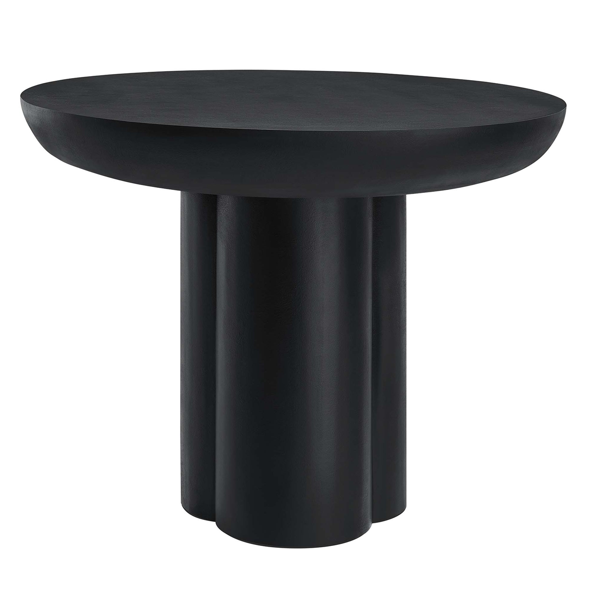 Black round dining table with a thick triple-column pedestal base; modern minimalist design and a concrete round top (40" diameter).