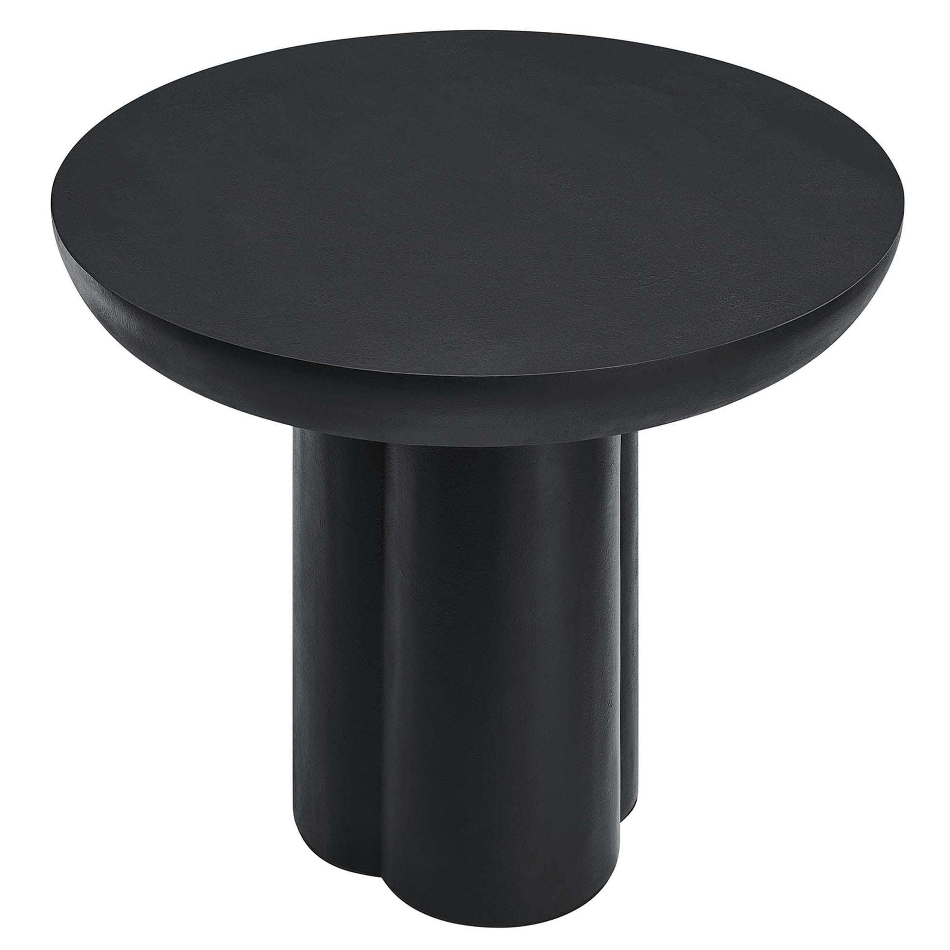 Black round dining table with a three-cylinder pedestal base, matte finish.