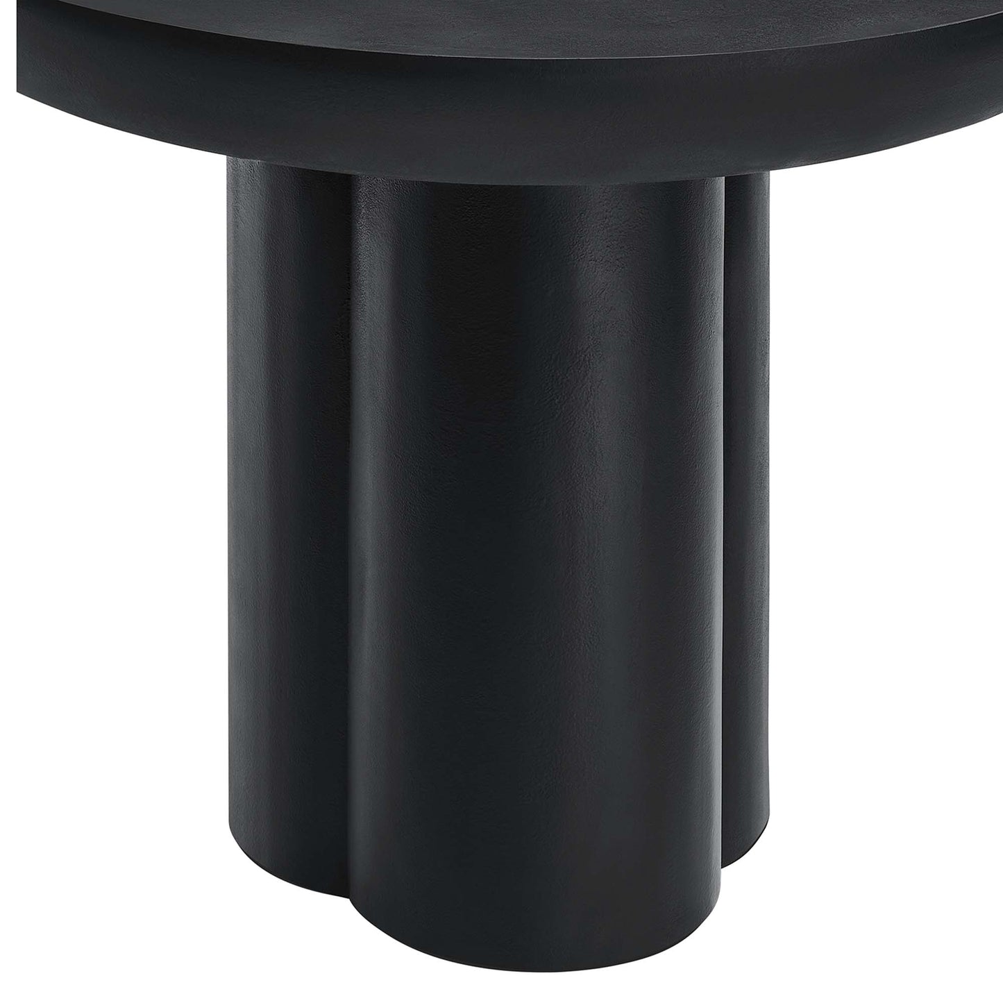 Black metal pedestal table base with three cylindrical columns supporting a round top.