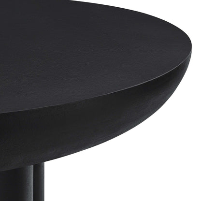 Black round table top with matte finish and curved edge, supported by a pedestal leg.