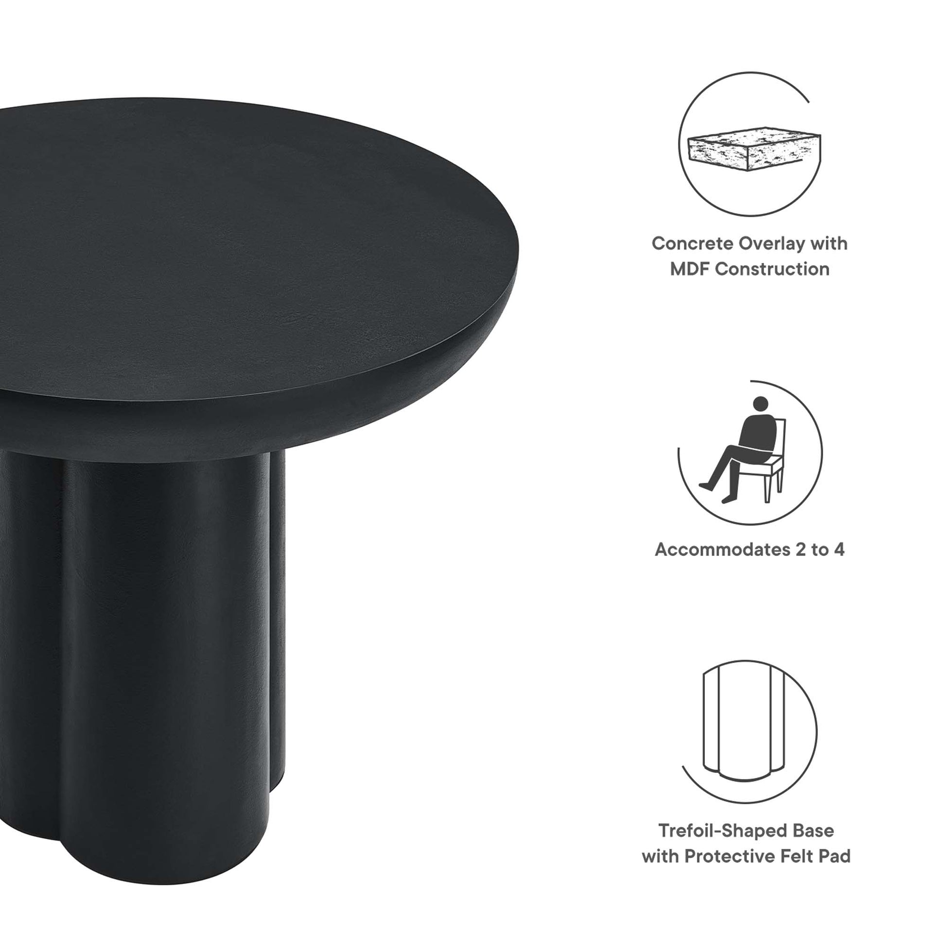 Round black dining table with a concrete top; MDF construction; seats 2–4; 40" diameter.