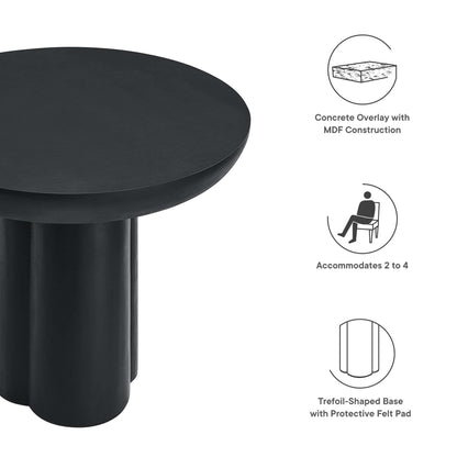 Round black dining table with a concrete top; MDF construction; seats 2–4; 40" diameter.