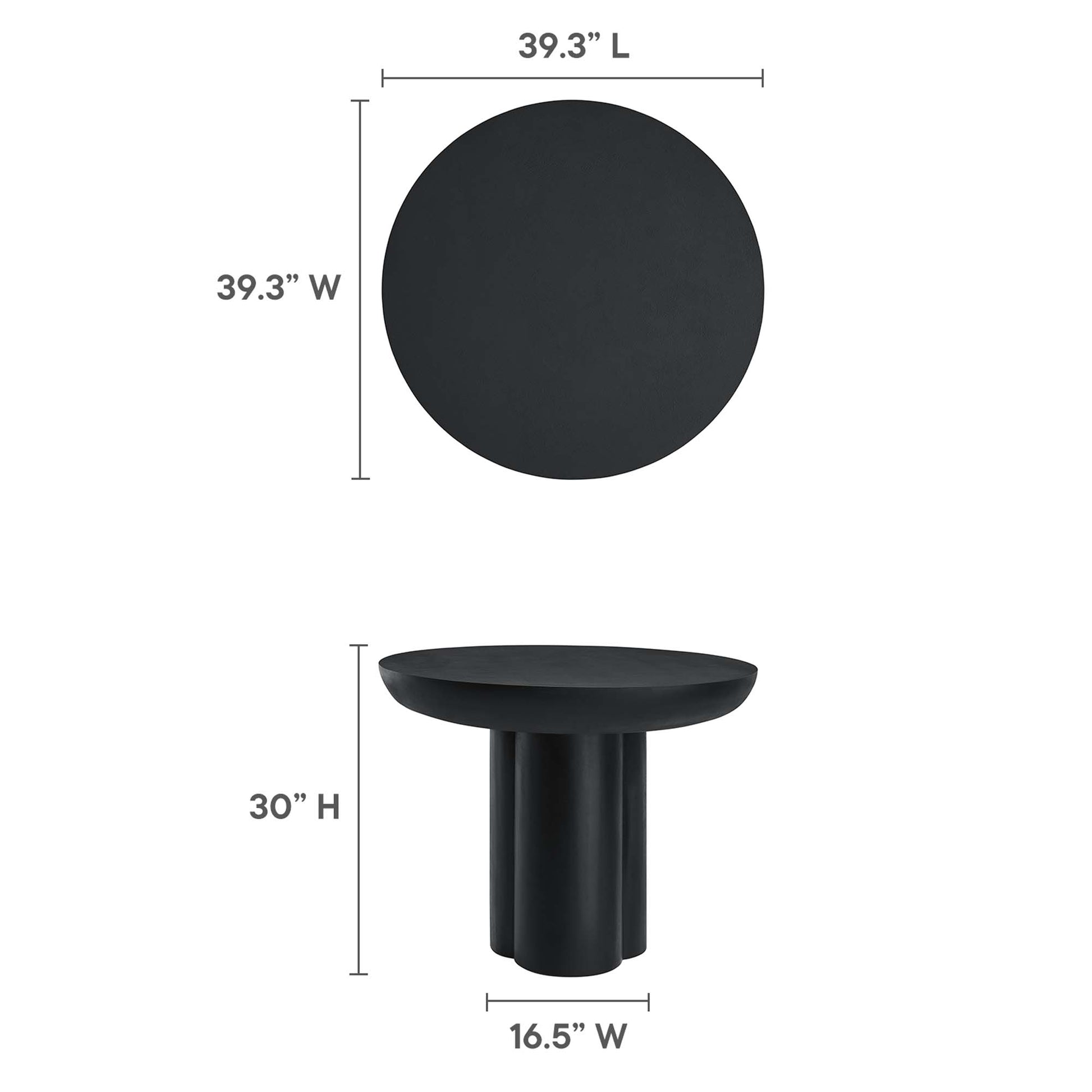 Black round pedestal table with cylindrical base; 39.3-inch diameter top, 30-inch height, modern outdoor style.