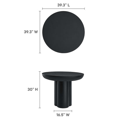 Black round pedestal table with cylindrical base; 39.3-inch diameter top, 30-inch height, modern outdoor style.