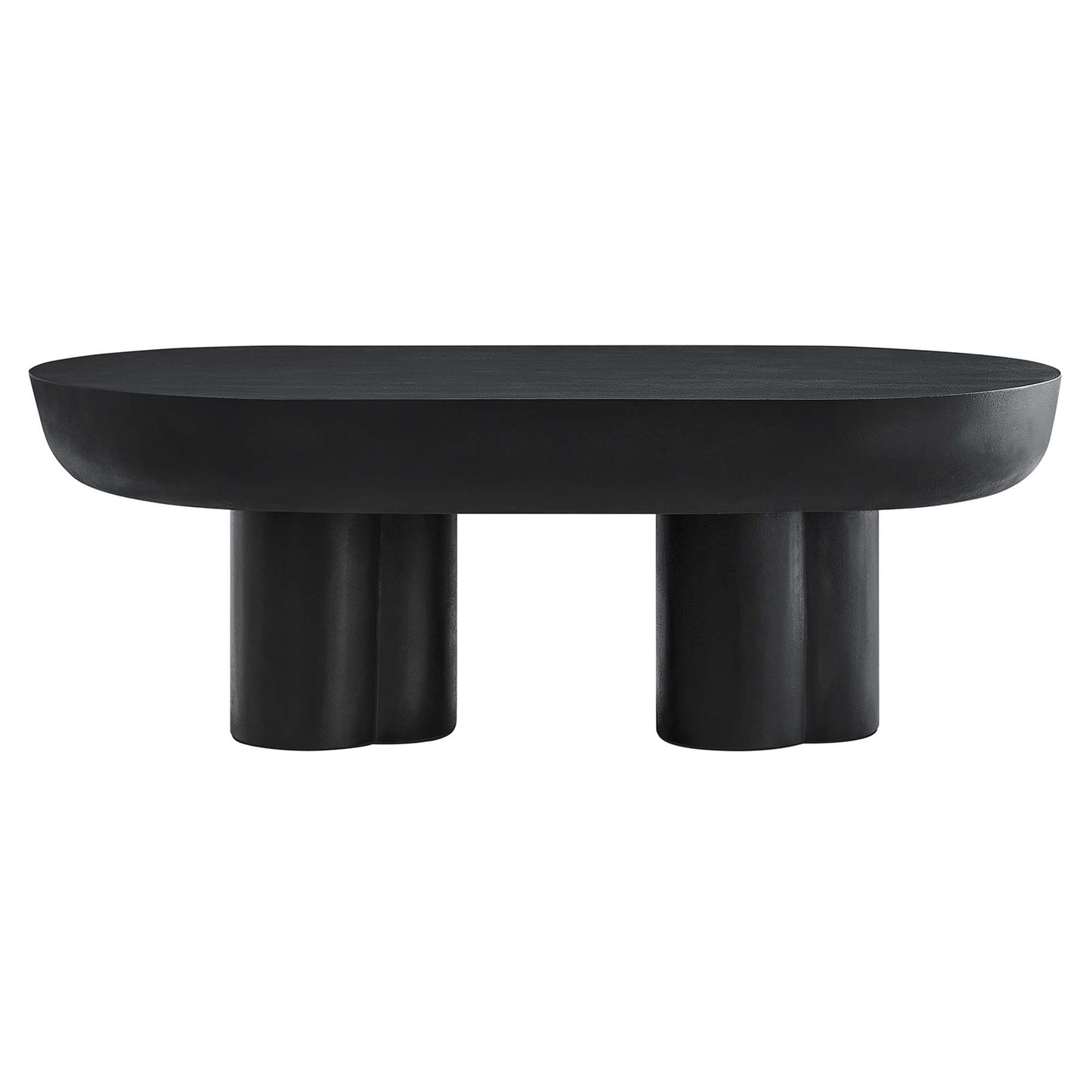 Black oval coffee table with two chunky cylindrical legs, modern minimalist design.