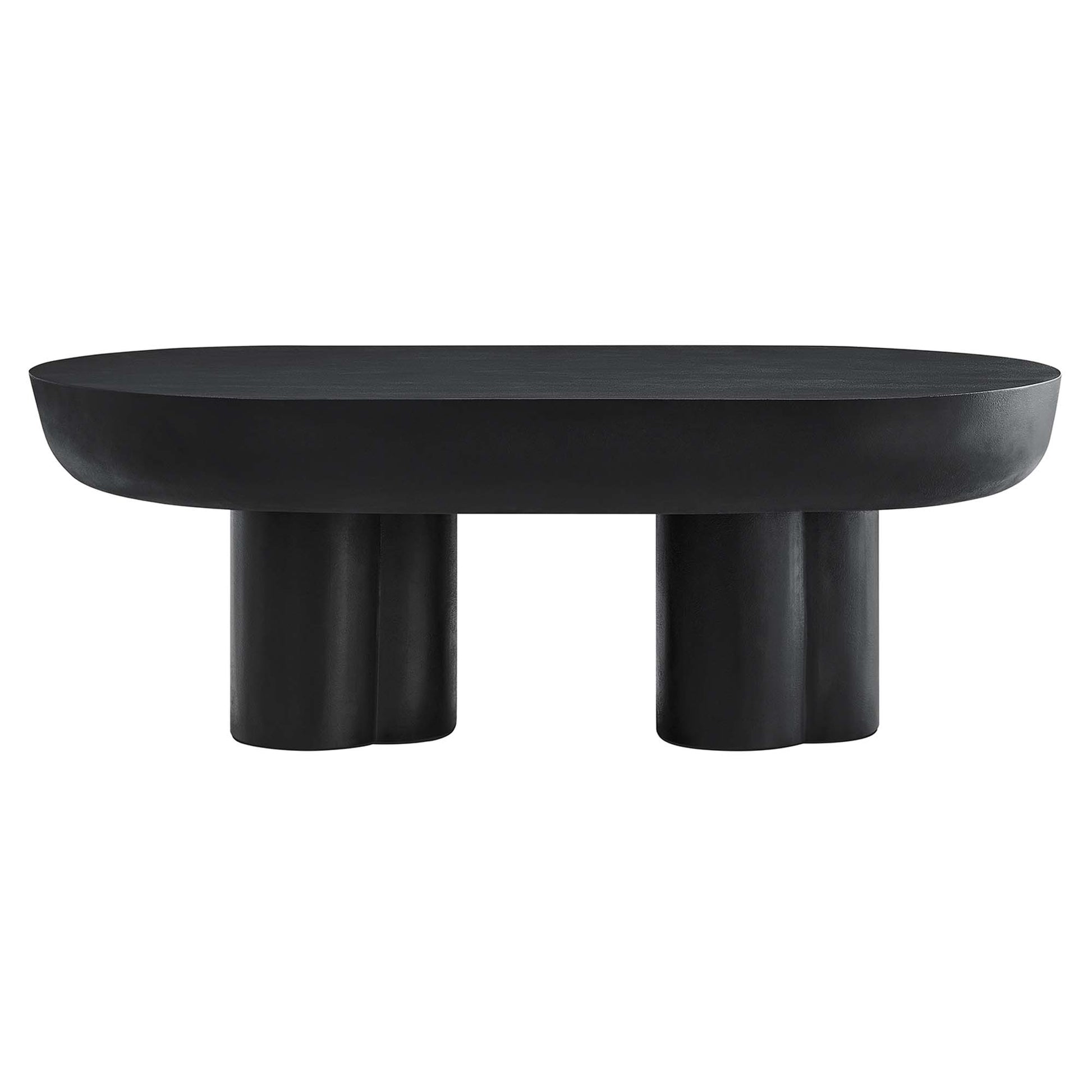 Black oval coffee table with two chunky cylindrical legs, modern minimalist design.