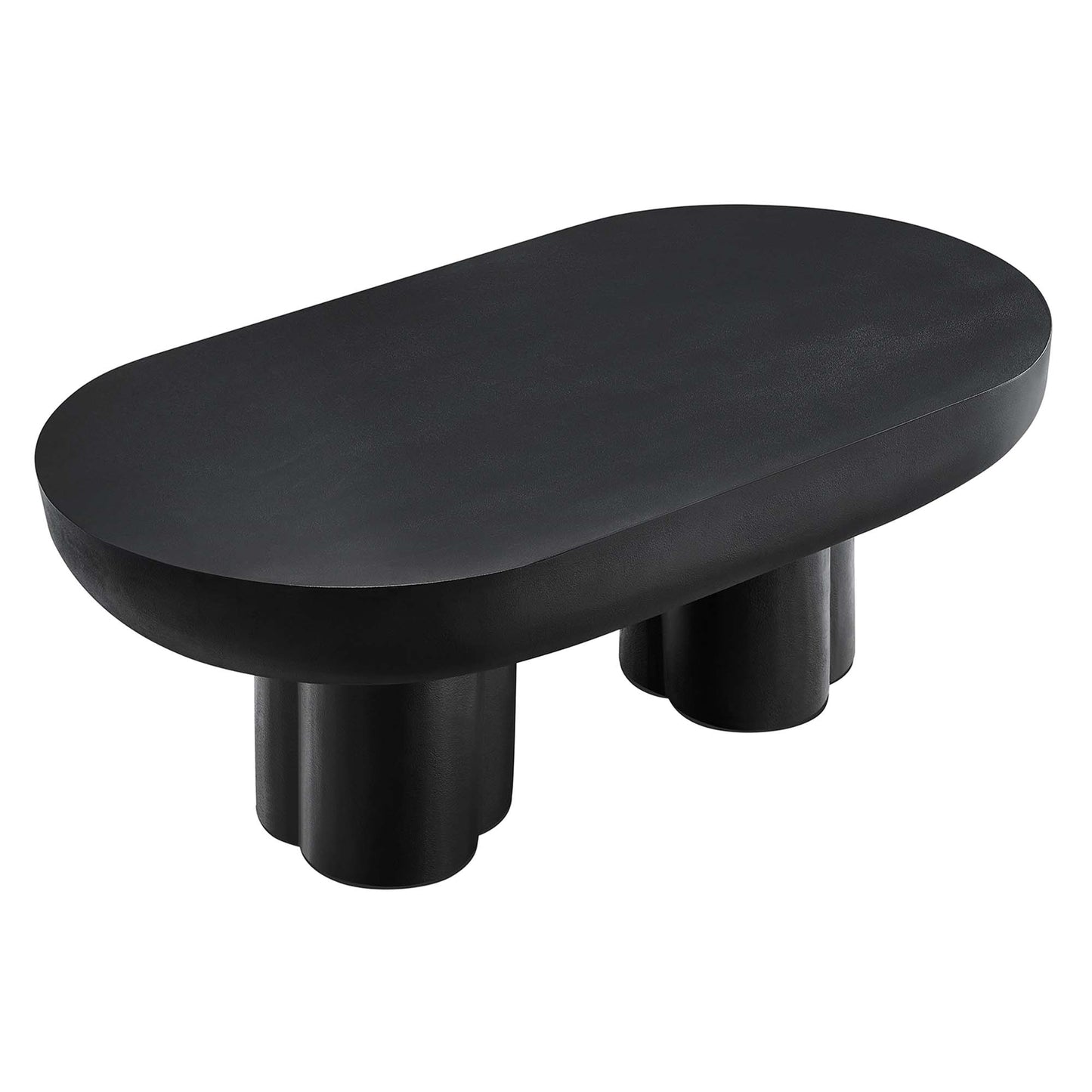 Black oval concrete coffee table with three chunky cylindrical legs, modern minimalist design.