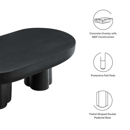 Oval black coffee table with a concrete overlay on MDF, trefoil-shaped double pedestal base and felt pads.