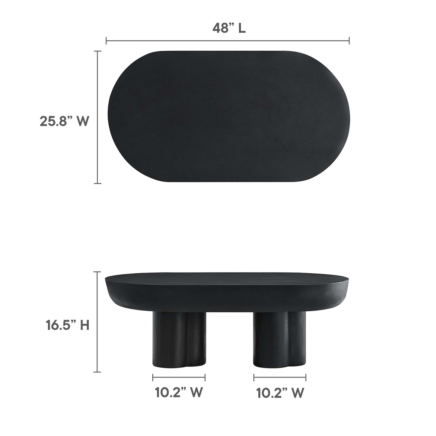 EEI-6763-BLK black oval coffee table with two chunky cylindrical legs, matte finish, 48L x 25.8W x 16.5H.