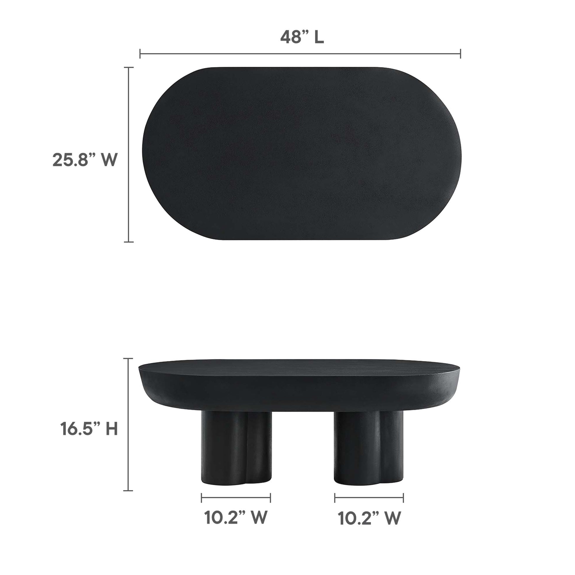EEI-6763-BLK black oval coffee table with two chunky cylindrical legs, matte finish, 48L x 25.8W x 16.5H.