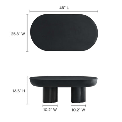 EEI-6763-BLK black oval coffee table with two chunky cylindrical legs, matte finish, 48L x 25.8W x 16.5H.