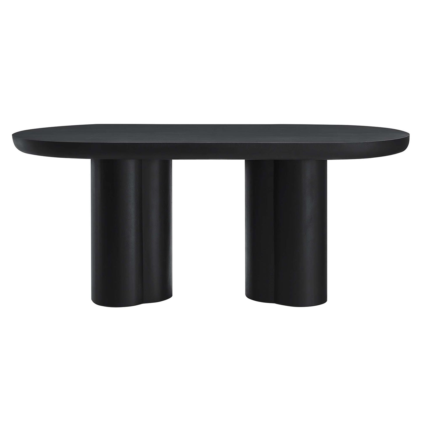 Black oval concrete dining table, 72 inches long, with two chunky cylindrical pedestal legs, modern minimalist design.