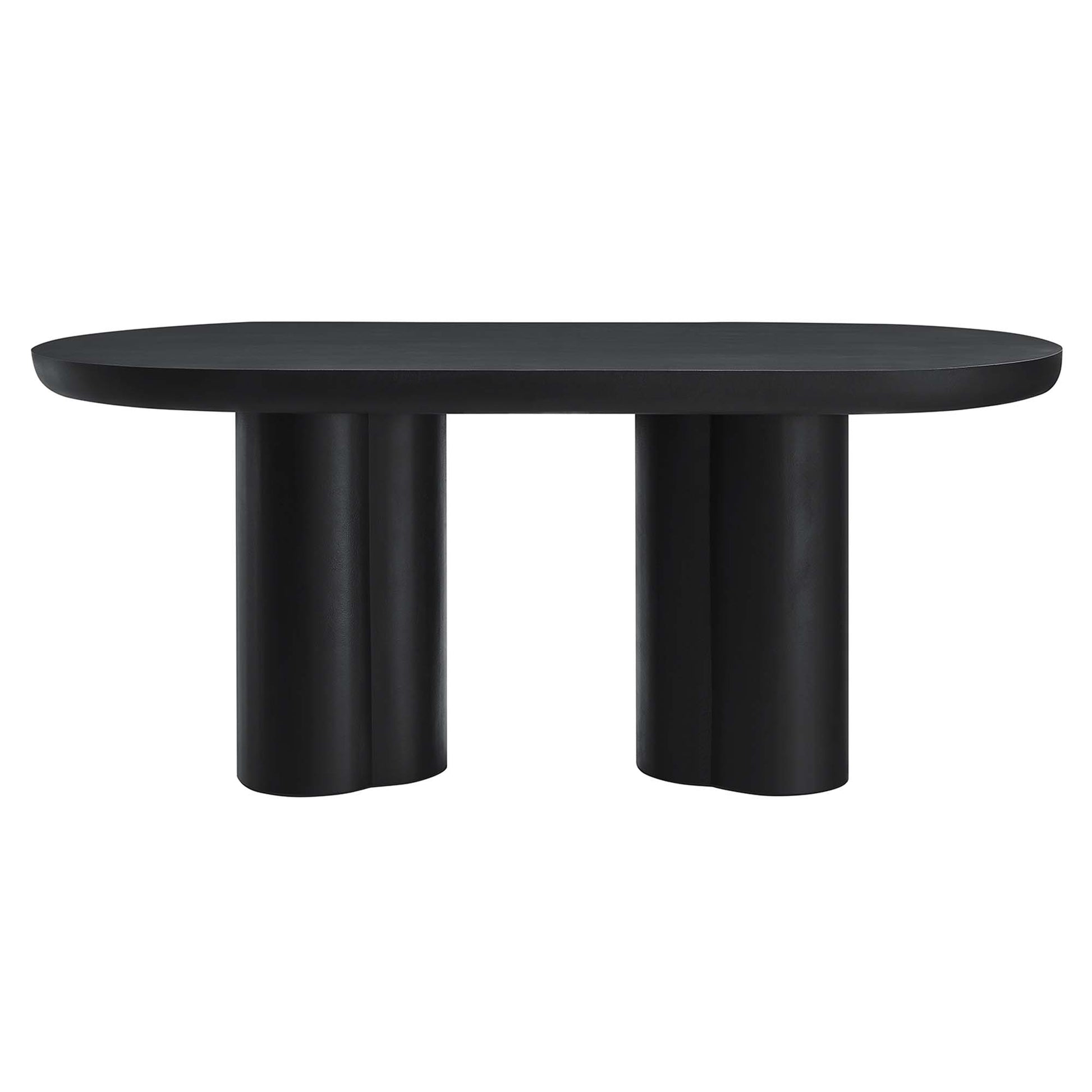 Black oval concrete dining table, 72 inches long, with two chunky cylindrical pedestal legs, modern minimalist design.