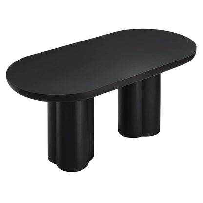 Matte black oval dining table with two chunky cylindrical legs, modern minimalist design.