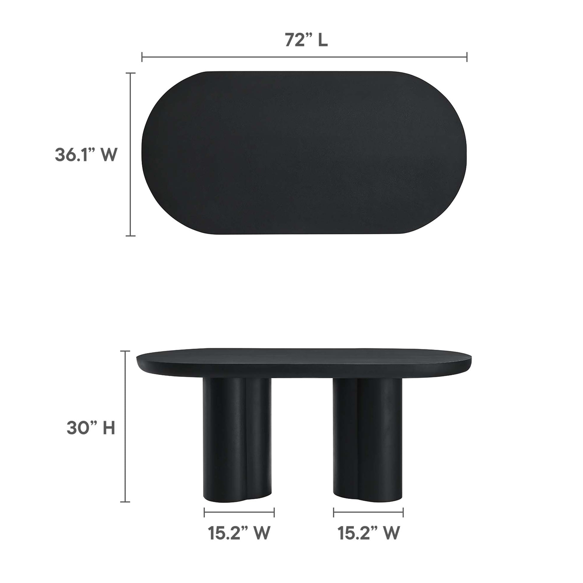 Black oval dining table with two cylindrical pedestal legs, 72 in L × 36 in W × 30 in H.