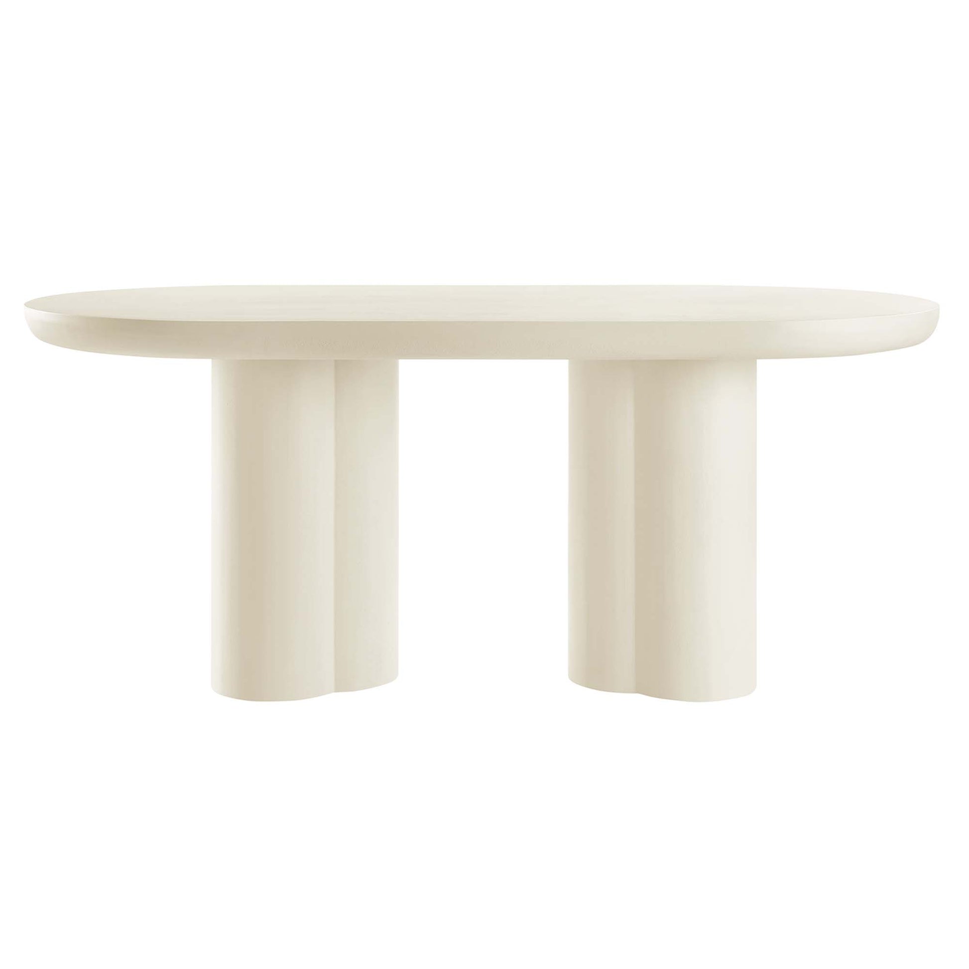Cream-white oval dining table with two chunky cylindrical legs, modern minimalist design.