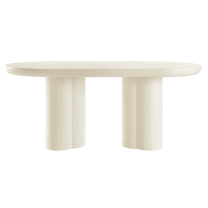 Cream-white oval dining table with two chunky cylindrical legs, modern minimalist design.