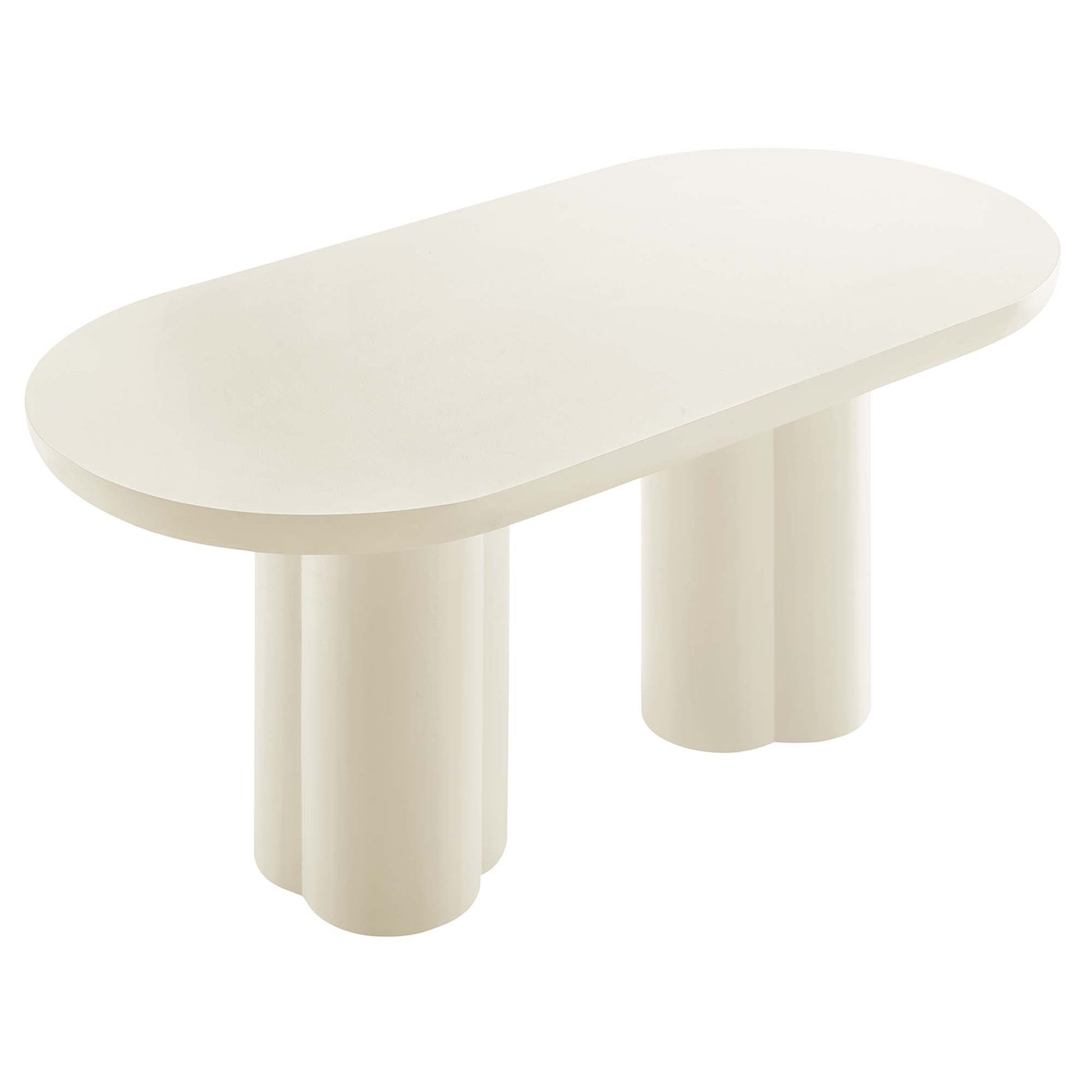 Oval white dining table with a concrete-style top, 72" long.