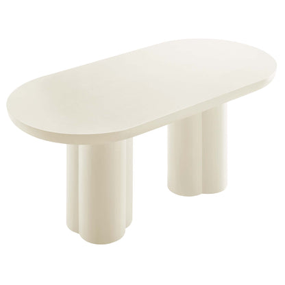Oval white dining table with a concrete-style top, 72" long.