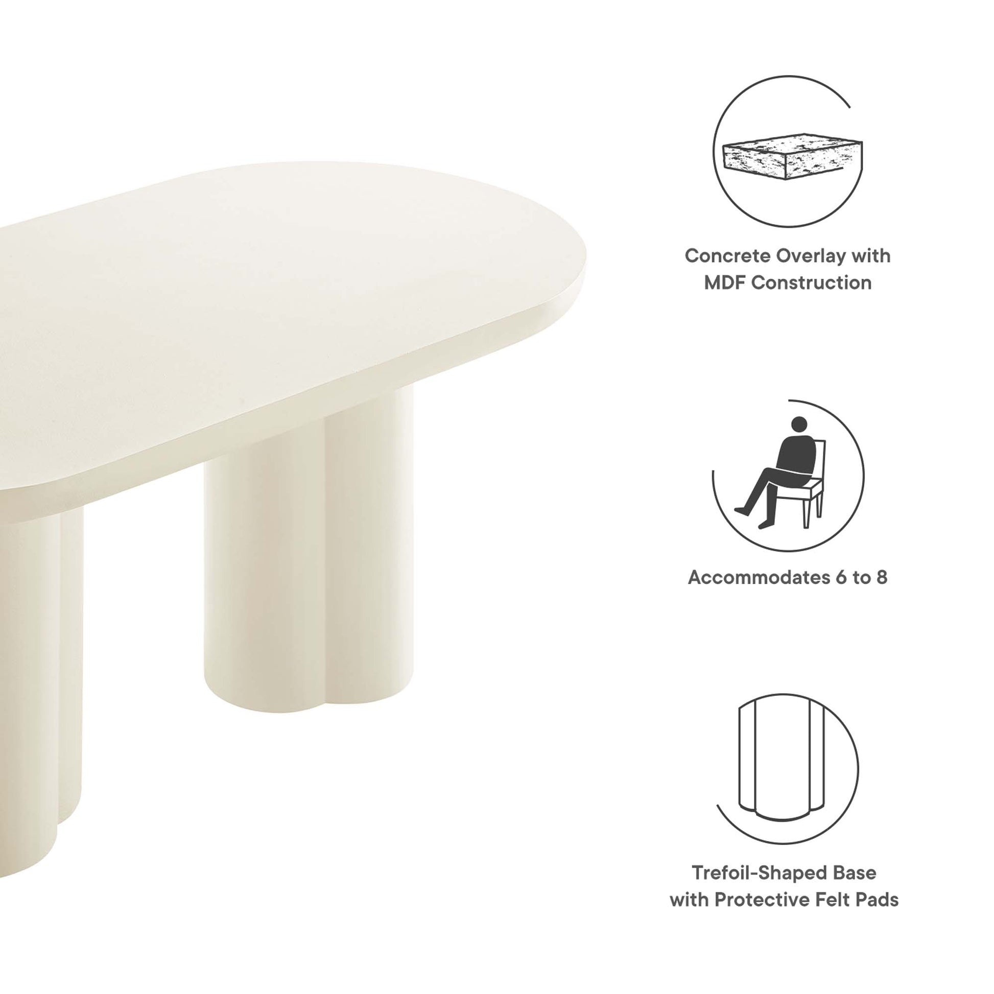 Cream-white 72-inch oval concrete dining table with a trefoil base, seats 6 to 8.