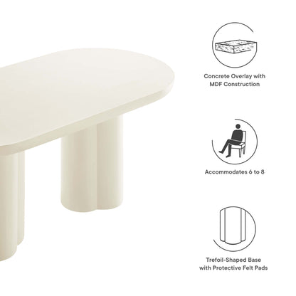 Cream-white 72-inch oval concrete dining table with a trefoil base, seats 6 to 8.