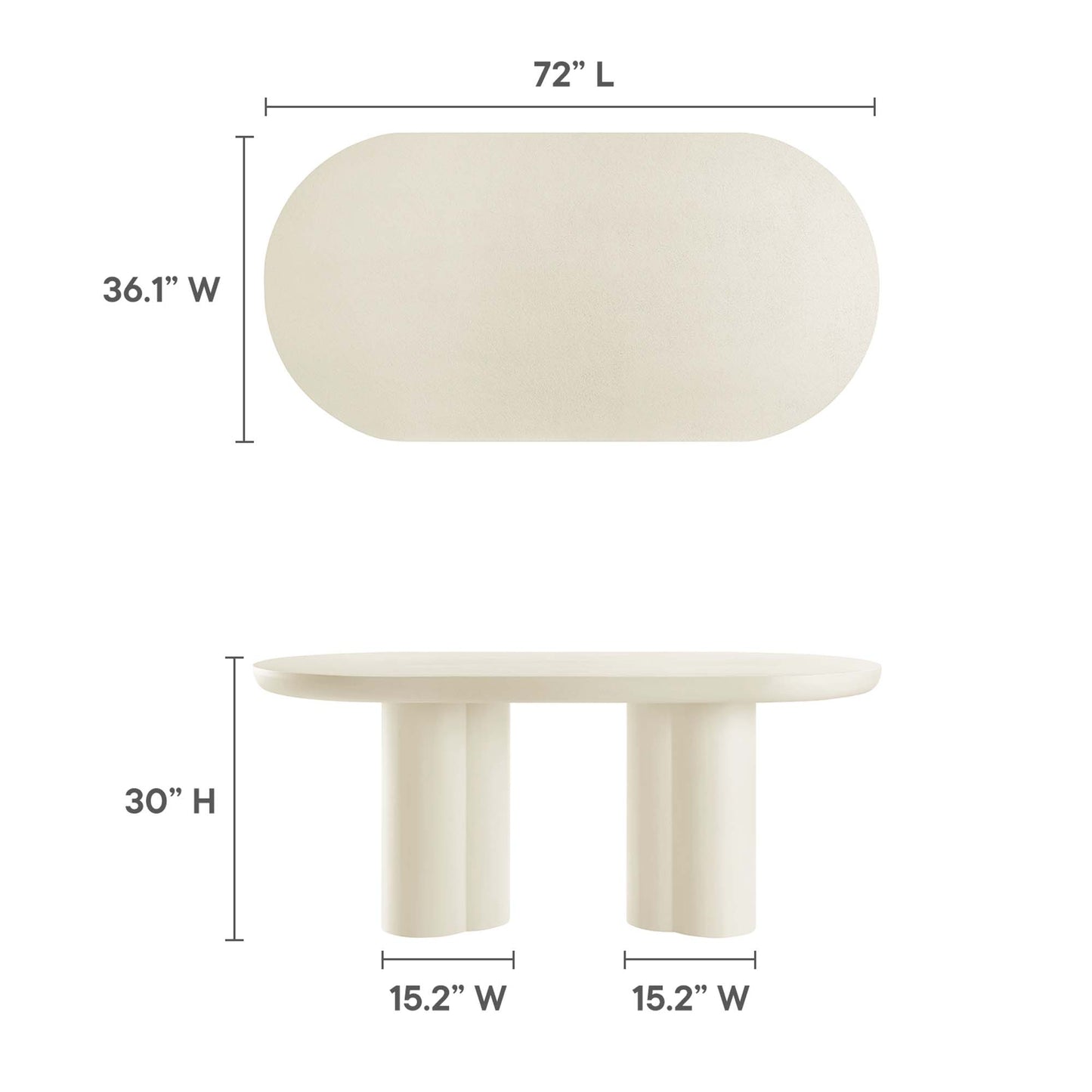 White oval dining table with rounded ends and two thick cylindrical pedestals; 72 L x 36.1 W x 30 H, modern style.