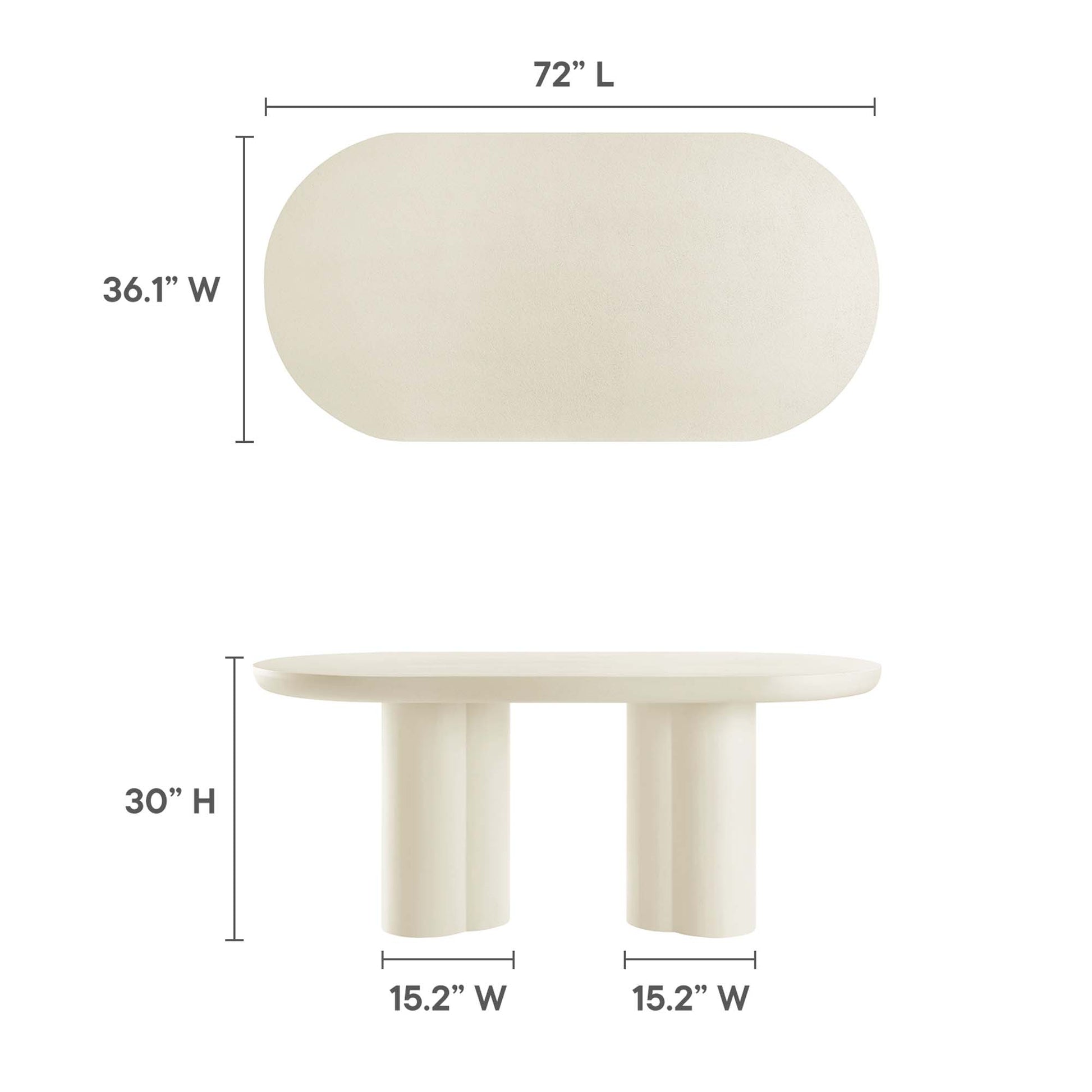 White oval dining table with rounded ends and two thick cylindrical pedestals; 72 L x 36.1 W x 30 H, modern style.