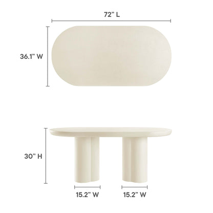 White oval dining table with rounded ends and two thick cylindrical pedestals; 72 L x 36.1 W x 30 H, modern style.