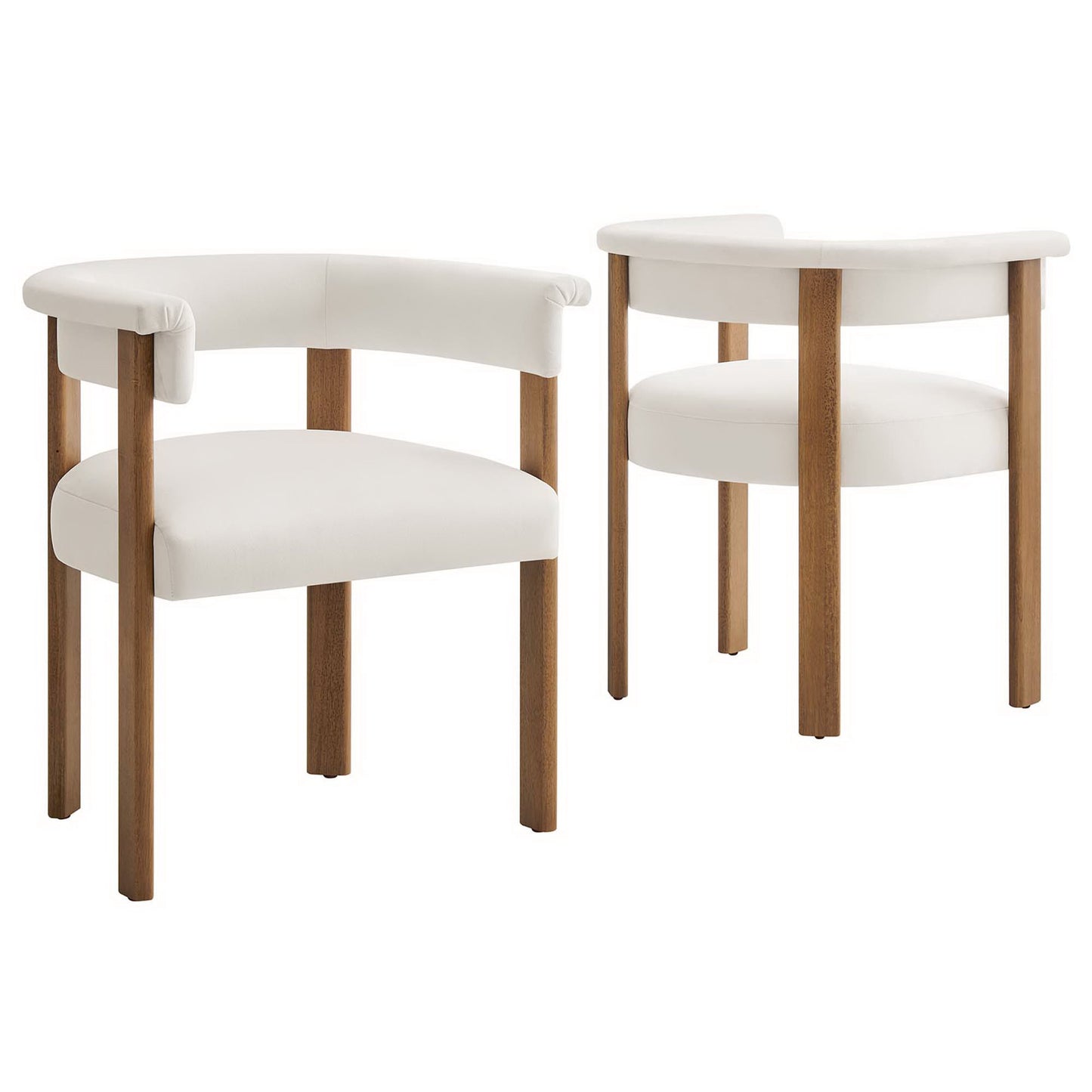 Pair of white velvet barrel dining chairs (set of 2) with curved backs and wooden legs.