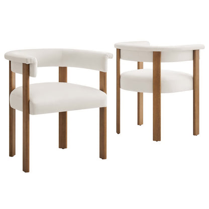 Pair of white velvet barrel dining chairs (set of 2) with curved backs and wooden legs.