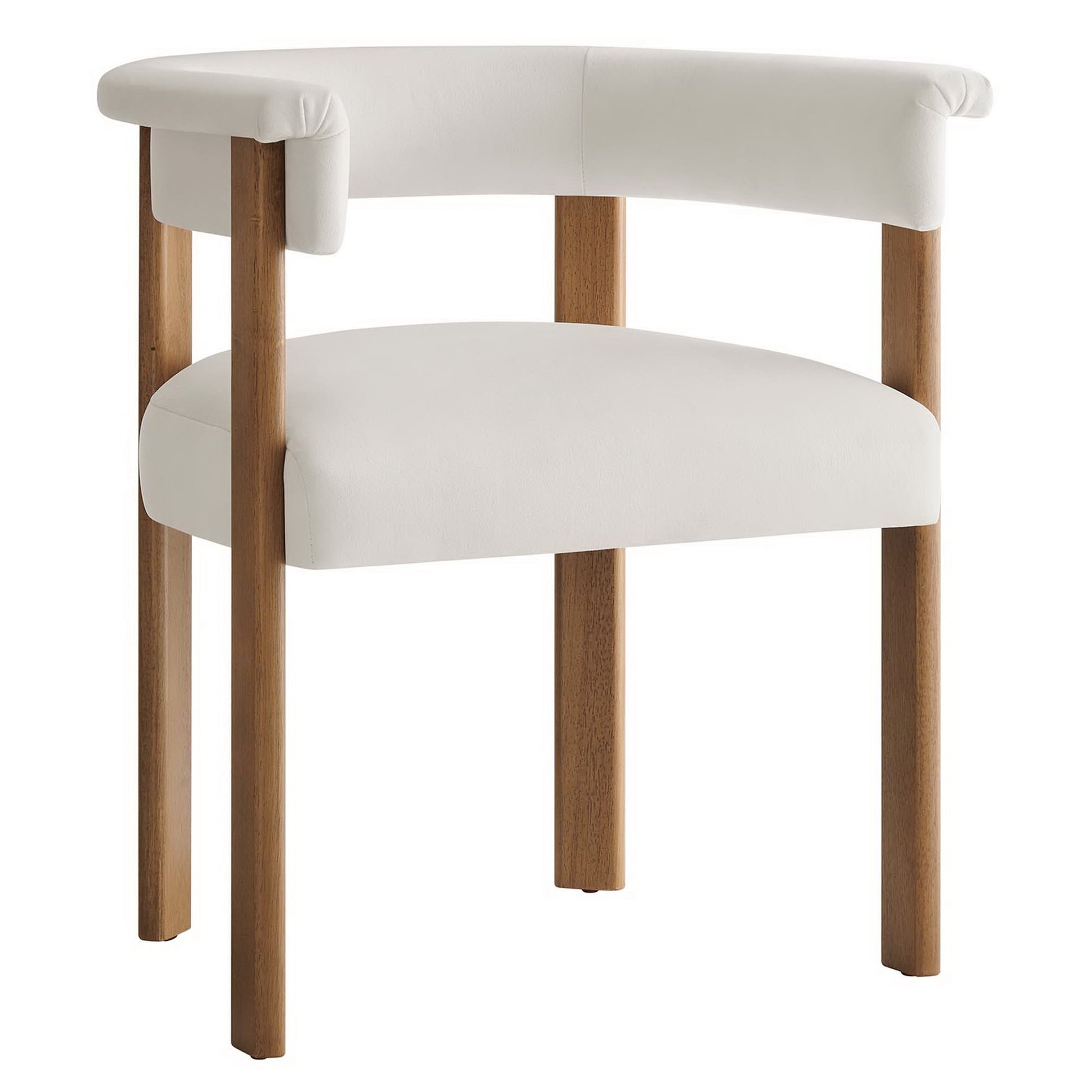 White velvet barrel dining chairs with curved backs and natural wood legs, set of 2.