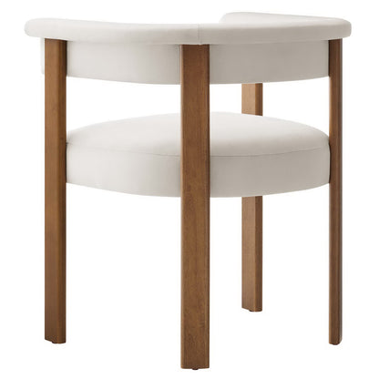 White velvet barrel dining chair with curved back and arm edges, four legs; set of 2