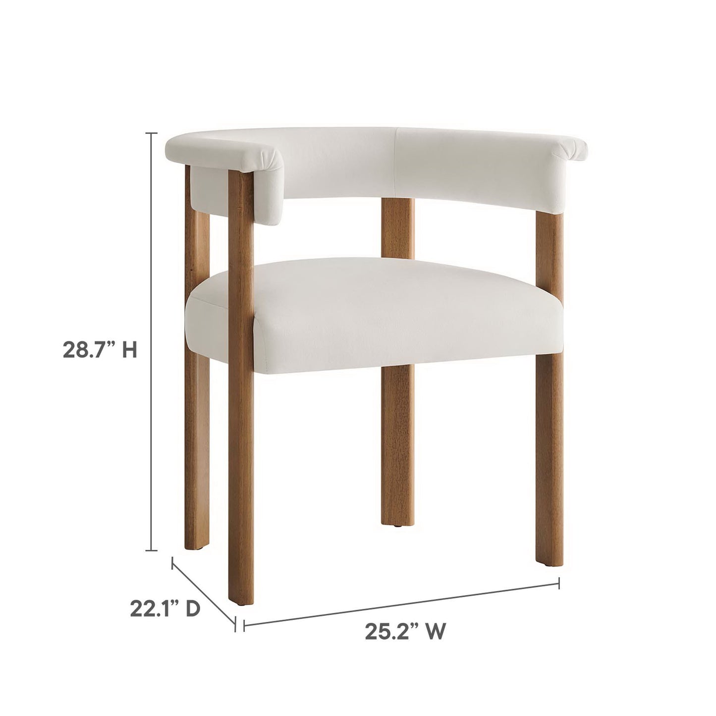 White upholstered barrel dining chairs (set of 2) with curved back and arms, natural wood legs, mid-century style.