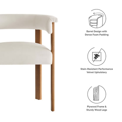 White velvet upholstered barrel dining chairs set of 2 with wood legs and padded armrests; dense foam padding, plywood frame.