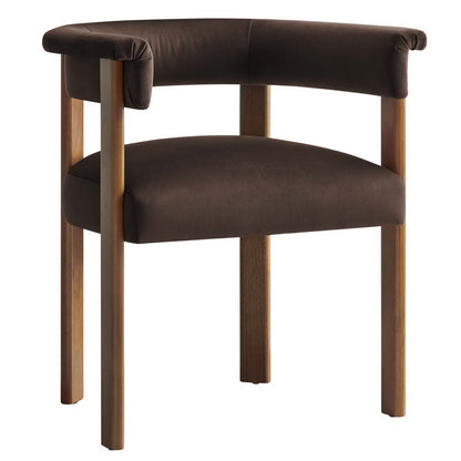Dark brown velvet upholstered barrel dining chairs with curved backs and wooden legs, set of 2