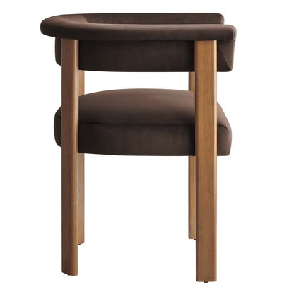 Brown upholstered dining chair with curved wooden frame and tapered legs; thick seat and back cushions.