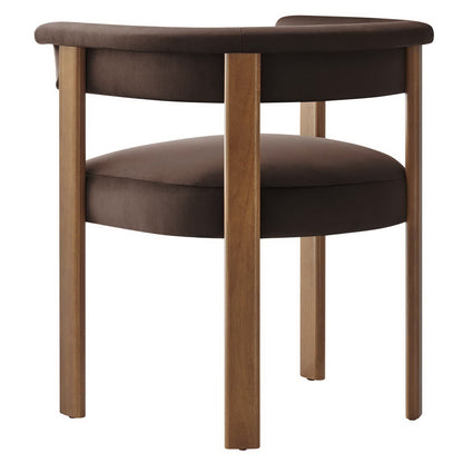 Brown velvet barrel dining chairs, set of 2, with curved back and natural wood legs.