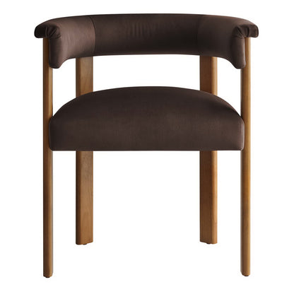 Pair of brown performance velvet barrel dining chairs with light wood legs, curved backs and rounded arms in a mid-century modern style.
