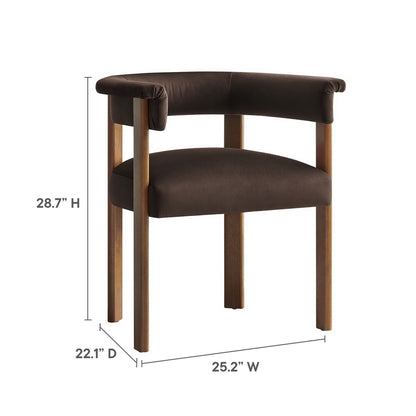 Chocolate brown velvet barrel dining chair with natural wood legs and curved arms, mid-century modern style, set of 2.