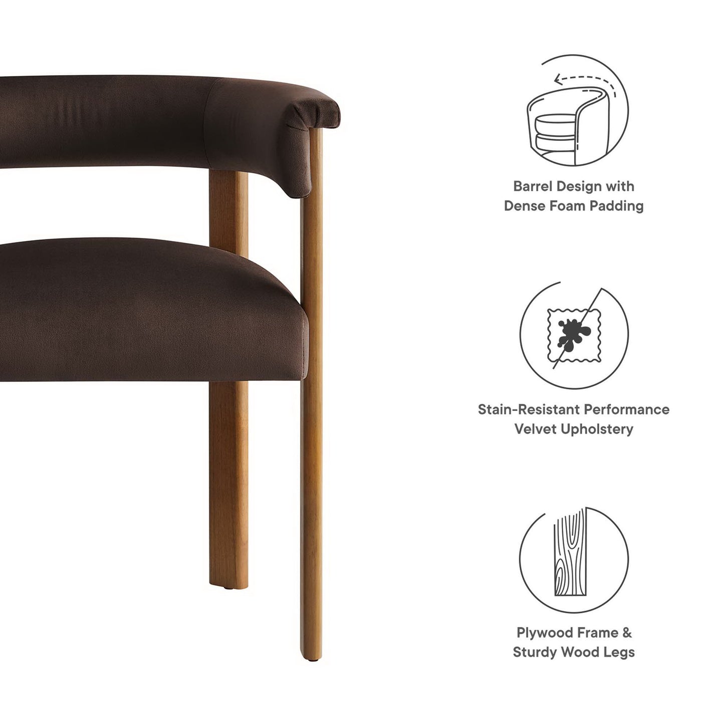 Dark brown barrel dining chairs (set of 2) with dense foam padding, stain-resistant velvet upholstery, a plywood frame and sturdy light wood legs.