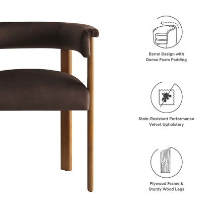 Dark brown barrel dining chairs (set of 2) with dense foam padding, stain-resistant velvet upholstery, a plywood frame and sturdy light wood legs.