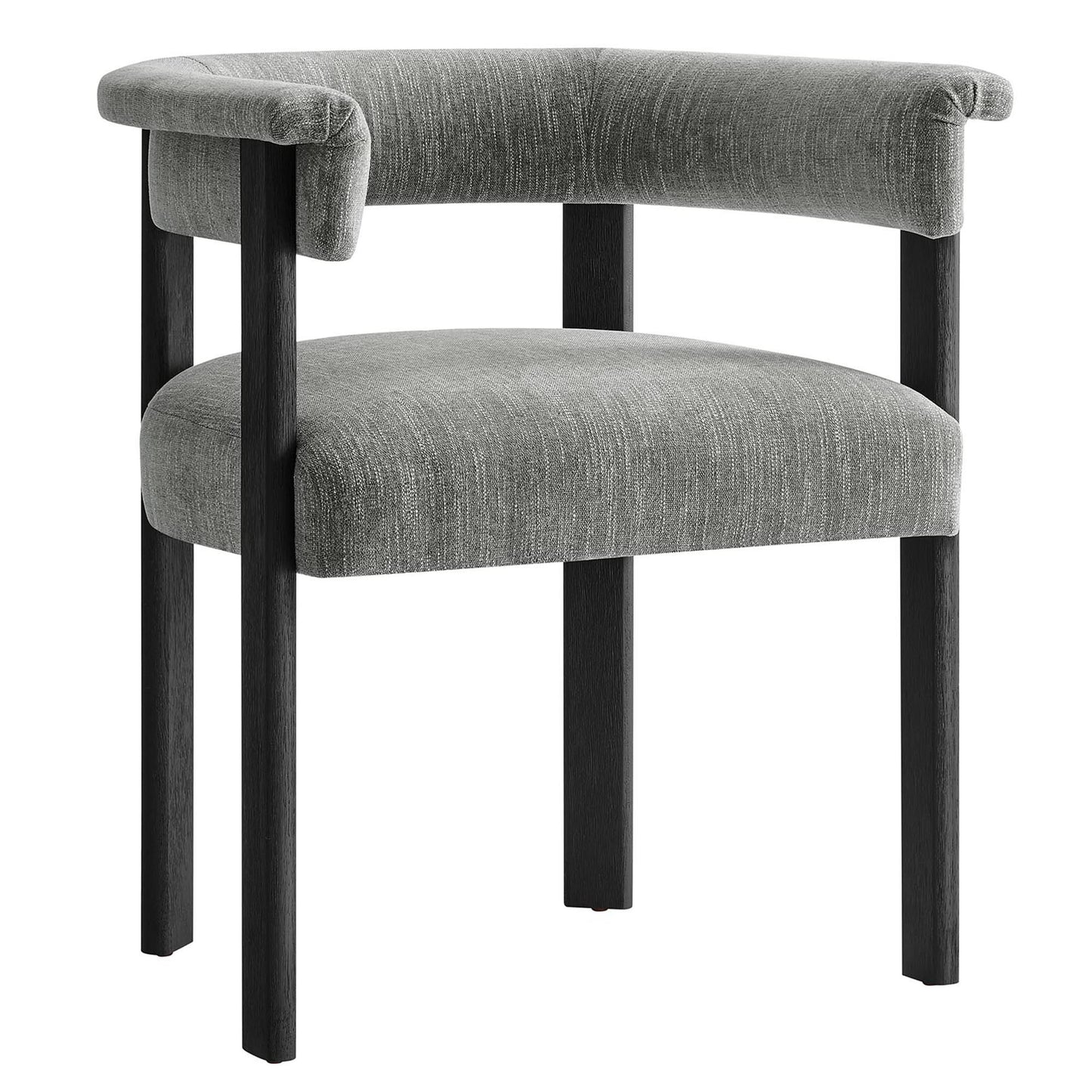 Gray fabric upholstered barrel dining chairs with black wood legs, curved back and rounded seat (set of 2).