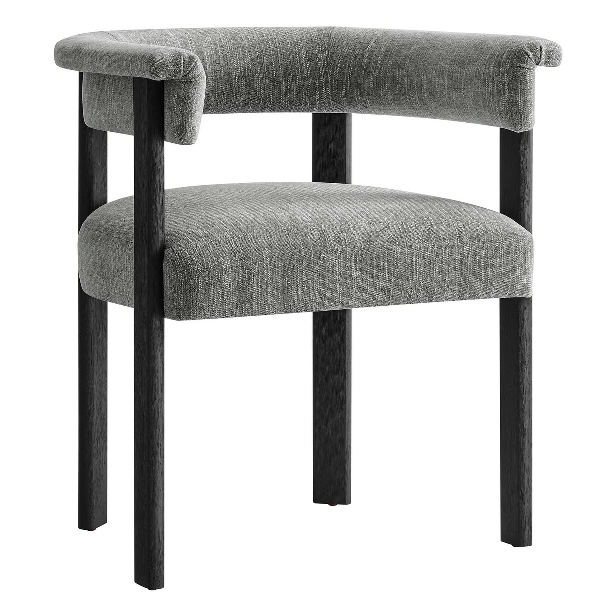 Gray fabric upholstered barrel dining chairs with black wood legs, curved back and rounded seat (set of 2).